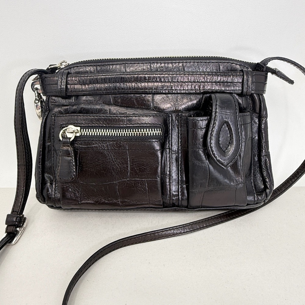 Brighton Crossbody Organizer Bag Black Croc Embossed Leather Small